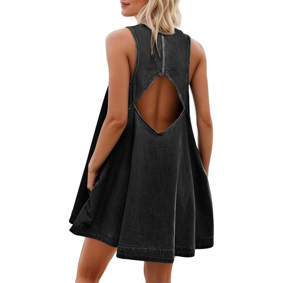 Women's Sleeveless Denim Babydoll Mini Dress Casual A-Line Pockets Summer
